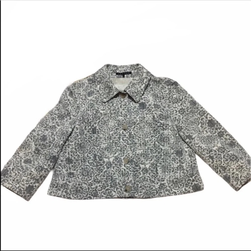 Theory Grey Brocade Cropped Button Down Jacket M